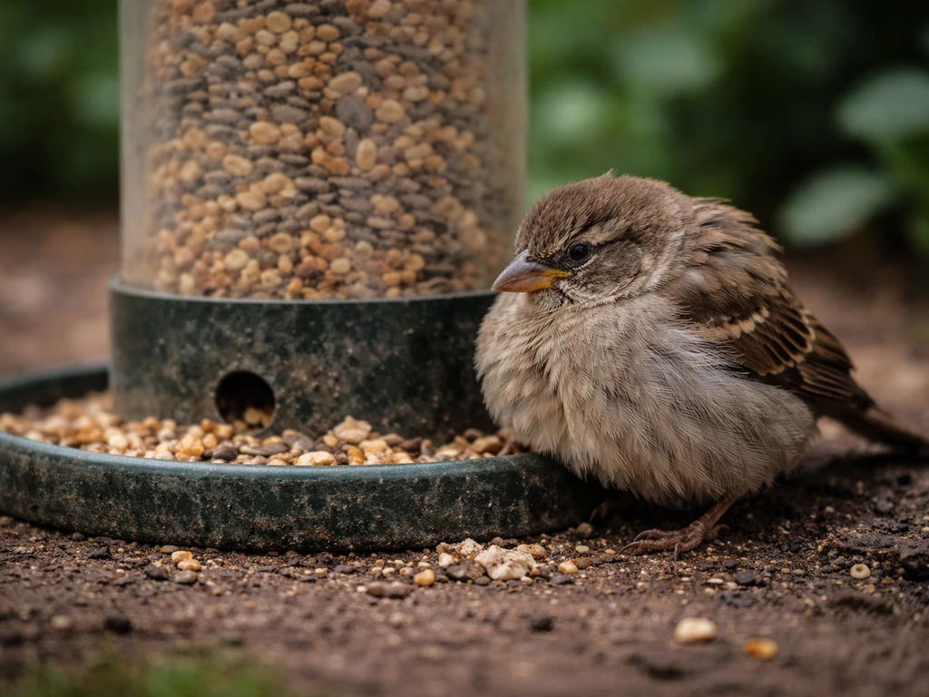 Hunched, fluffed small bird looks lethargic at a garden feeder with droppings debris nearby.