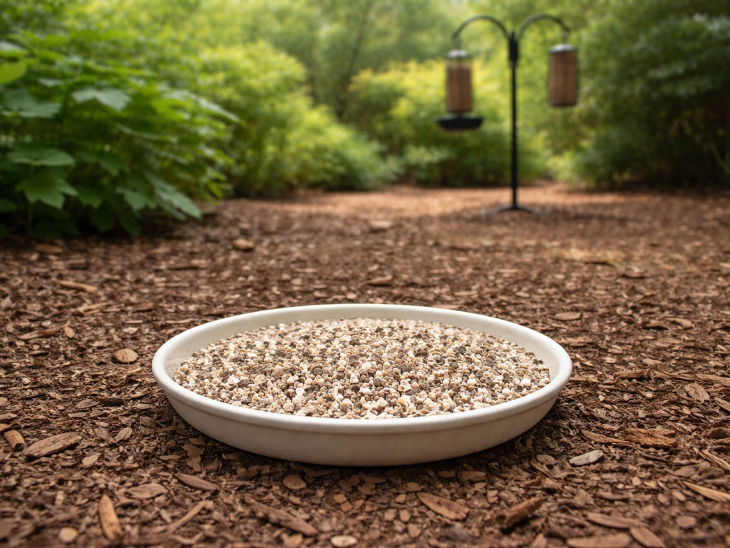 Shallow dish of coarse bird grit on clean ground next to a simple bird feeder in a tidy yard.