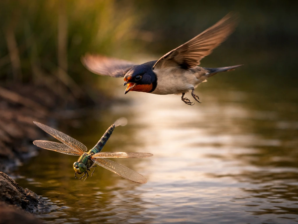 Dragonfly midair as a small bird swoops near a pond edge, capturing a predation moment.