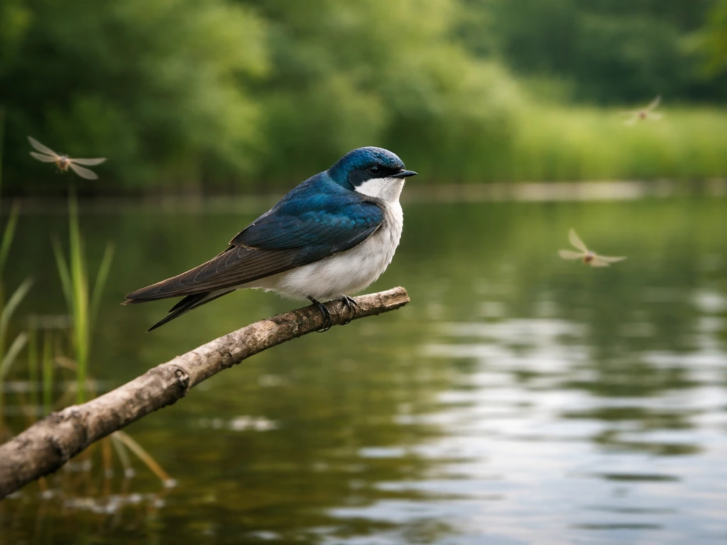 Small tree swallow perched near a backyard pond, watching over dragonflies in the air.