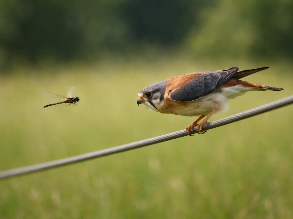 A small bird perched on a wire with a dragonfly nearby, captured mid-hunting moment.