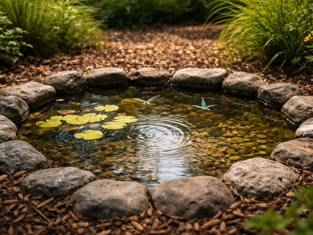 Small shallow mini pond in a garden with dragonflies hovering above the clear water.