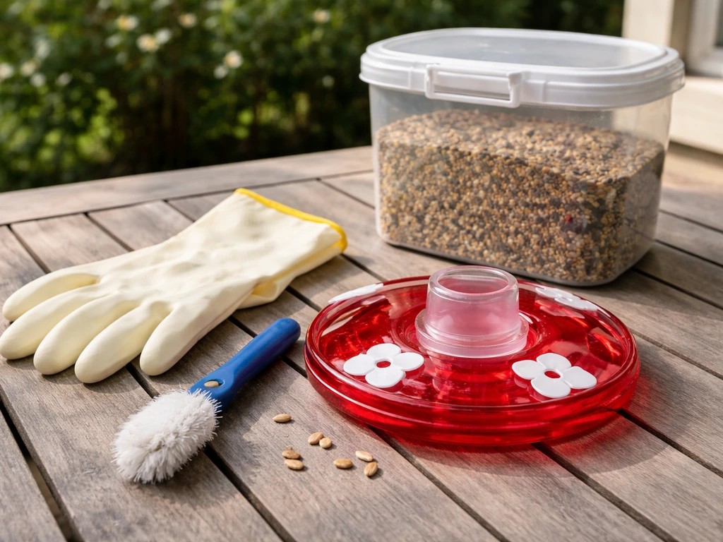 Cleaned bird feeder tools and a sealed container of fresh, dry seed for hygiene and mold prevention.