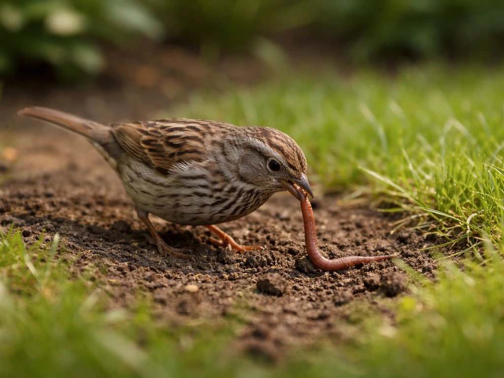 A small songbird forages in a garden lawn, pulling a worm from the soil in natural light.