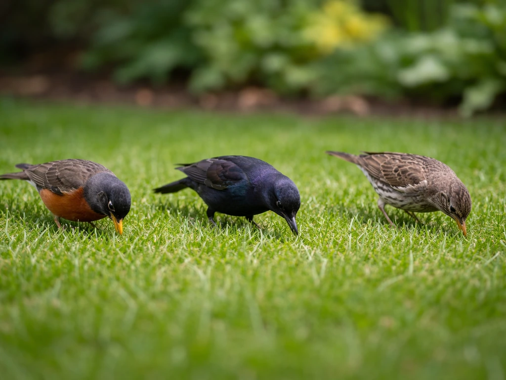 Three small backyard birds foraging on grass, close-up side view for a simple worm-eating comparison