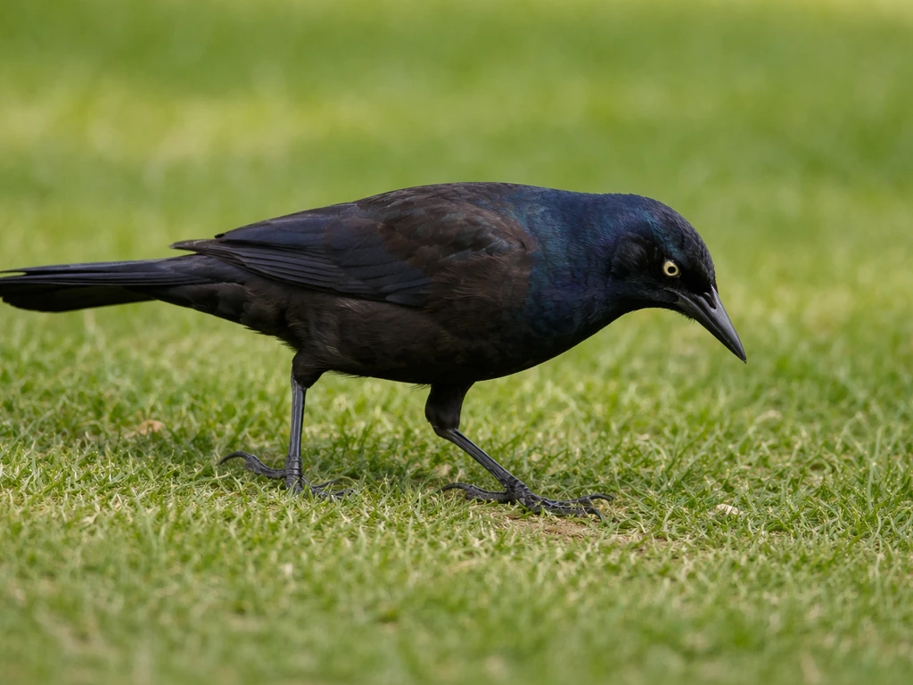 A common grackle forages on a grassy lawn, walking slowly and scanning the ground.