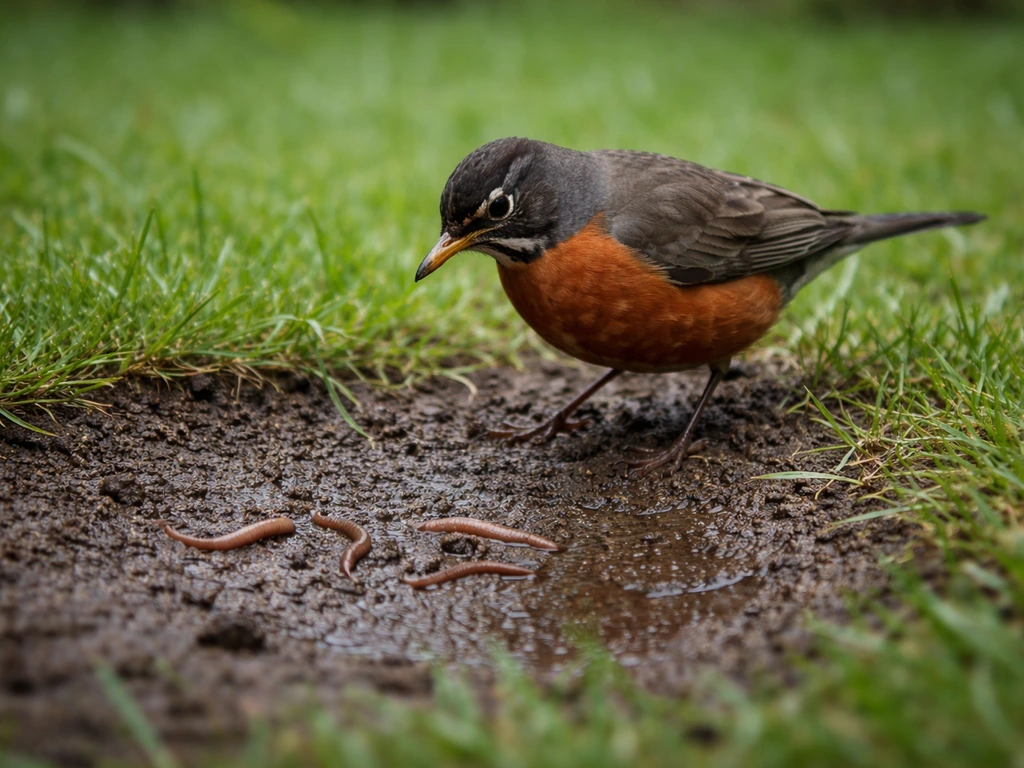 Robin foraging on a damp bare-soil strip beside short grass, with a small water-wetted patch nearby