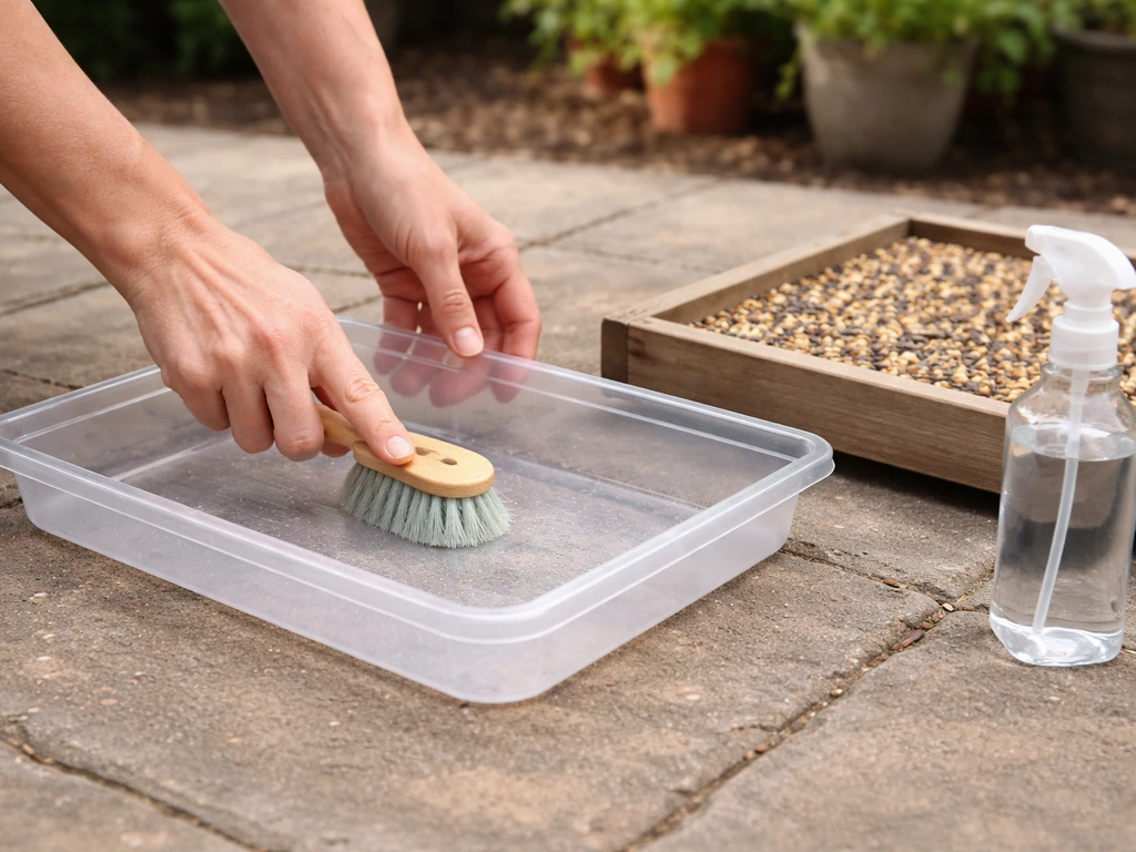 Person cleaning a ground platform bird feeder tray with a brush and sanitizing bottle