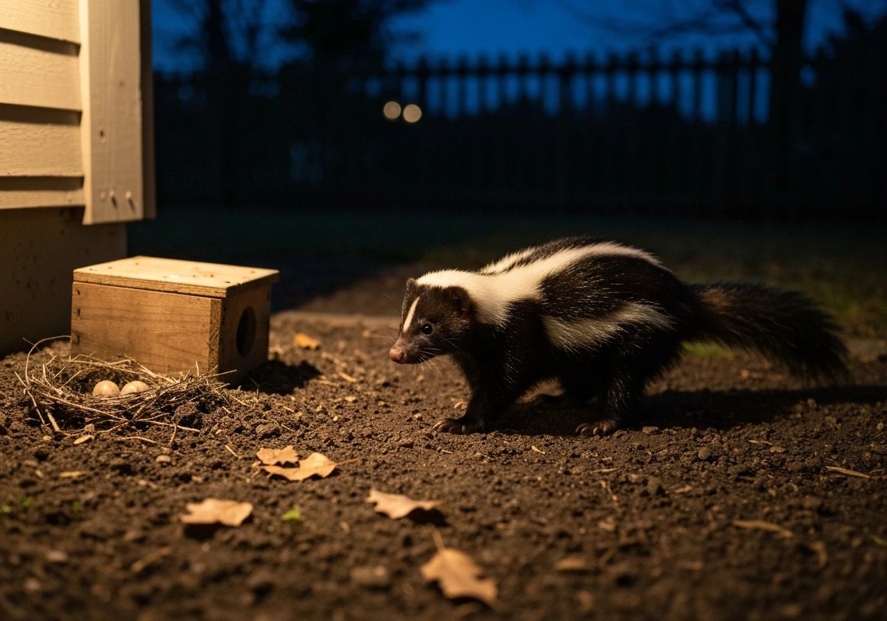 Night backyard photo of a skunk near a ground-level bird nest box under warm porch light.