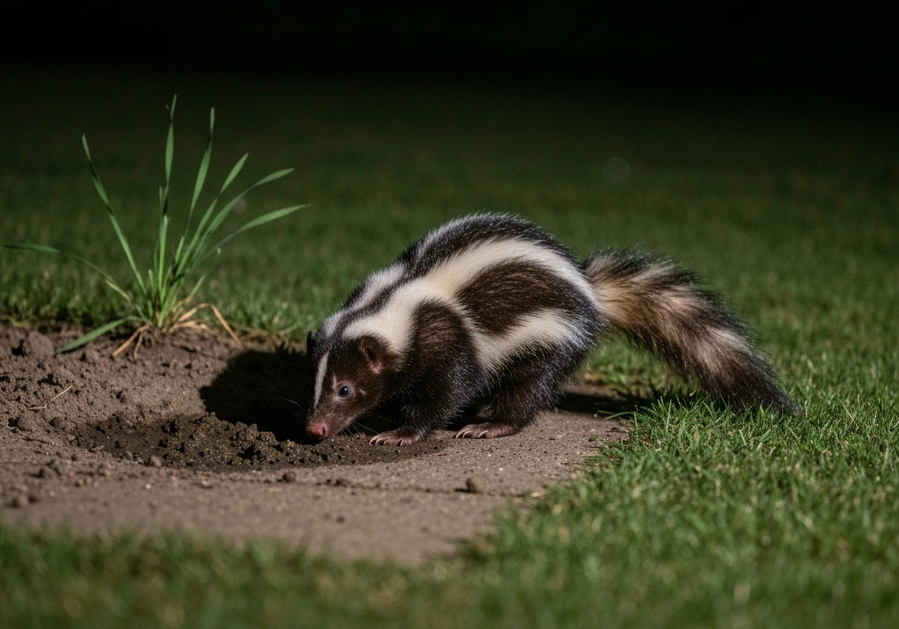 Nighttime skunk rooting in a small soil patch in a dark backyard, foraging for invertebrates near eggs.