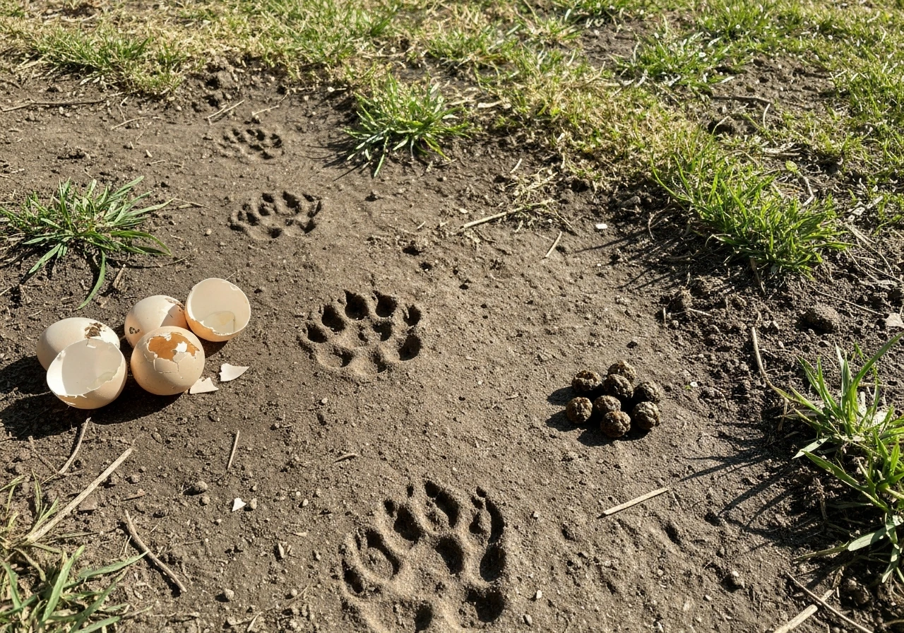 Clear skunk paw tracks in soil beside realistic skunk scat and damaged eggshells in a small yard.