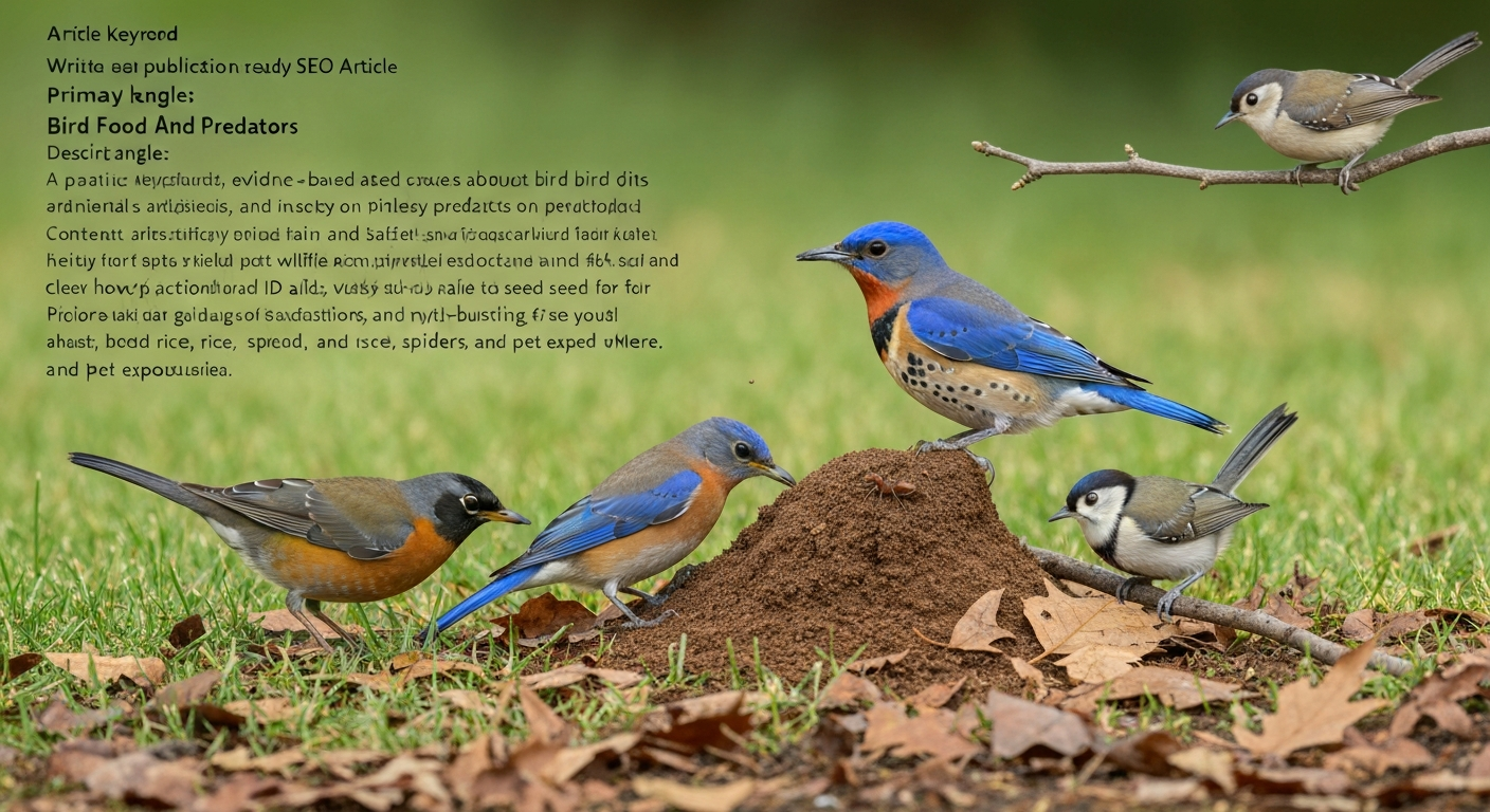 Group of backyard birds (robin, bluebird, flicker, wren, titmouse) foraging for ants on turf and in leaf litter.