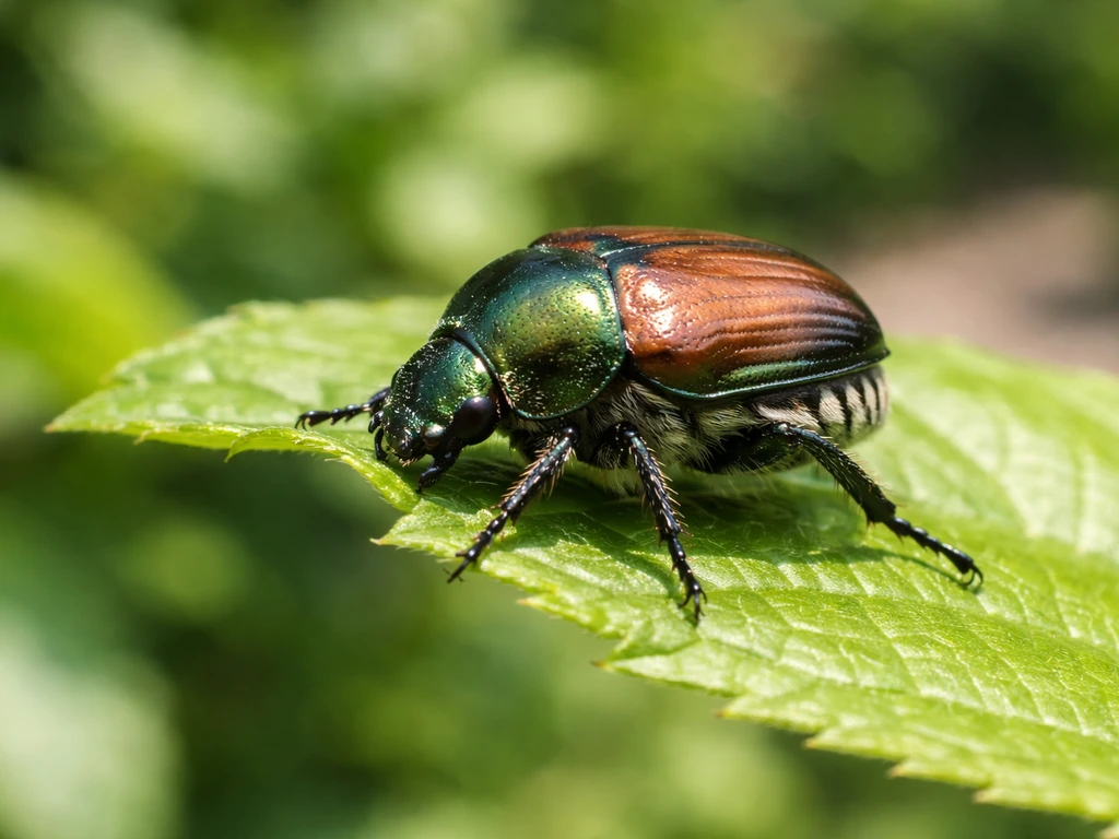 Close-up of a metallic adult Japanese beetle feeding on a green leaf in daylight.