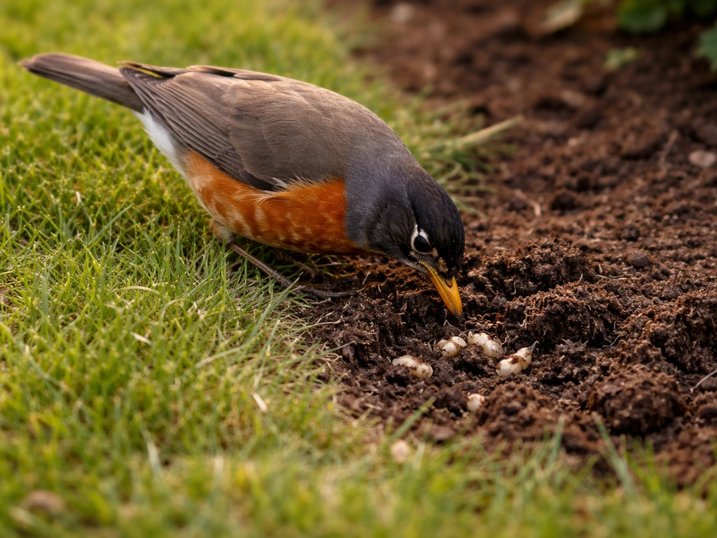 An American robin probing turf soil for white grubs, with loosened earth visible.