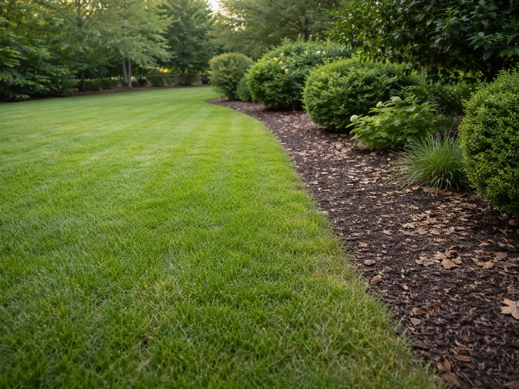 View of an open mowed lawn beside shrubs and garden beds, showing simple bird-foraging habitat.