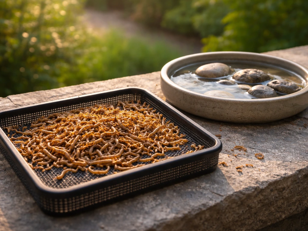 Shallow tray feeder with mealworms beside a small bird-safe water dish on a patio ledge.