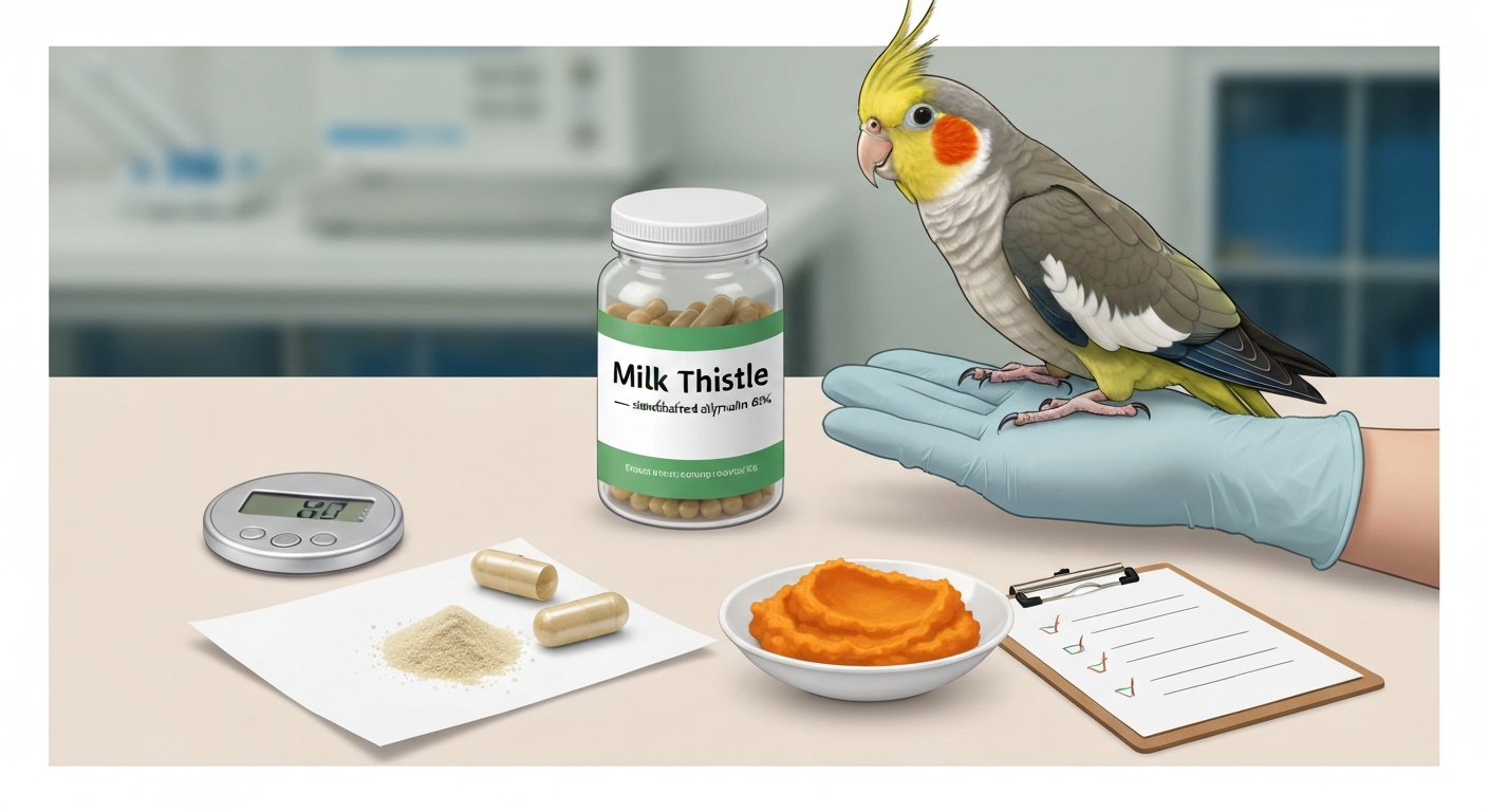 Illustration of a companion parrot next to a jar labeled milk thistle, a gram scale, open capsule with powder, and a soft-food dish — educational supplement scene.