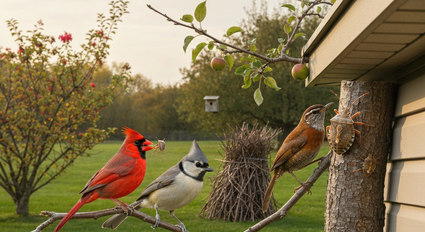 Photorealistic backyard orchard scene showing a Northern cardinal, tufted titmouse, and Carolina wren each encountering a brown marmorated stink bug.