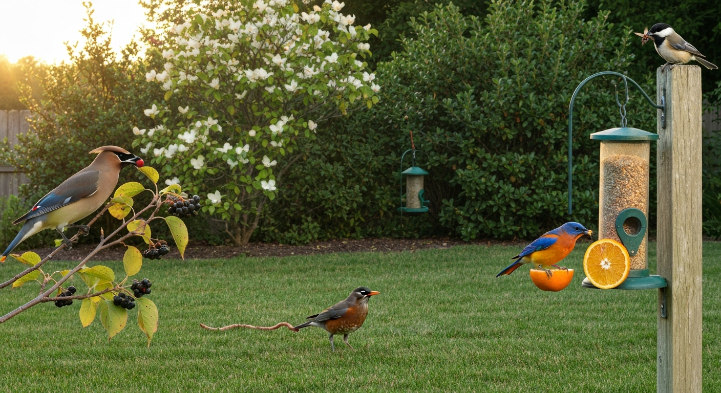 Backyard scene at golden hour: cedar waxwing eating berries, robin on lawn pulling a worm, bluebird with insect, oriole at an orange feeder, and chickadee at a suet feeder.