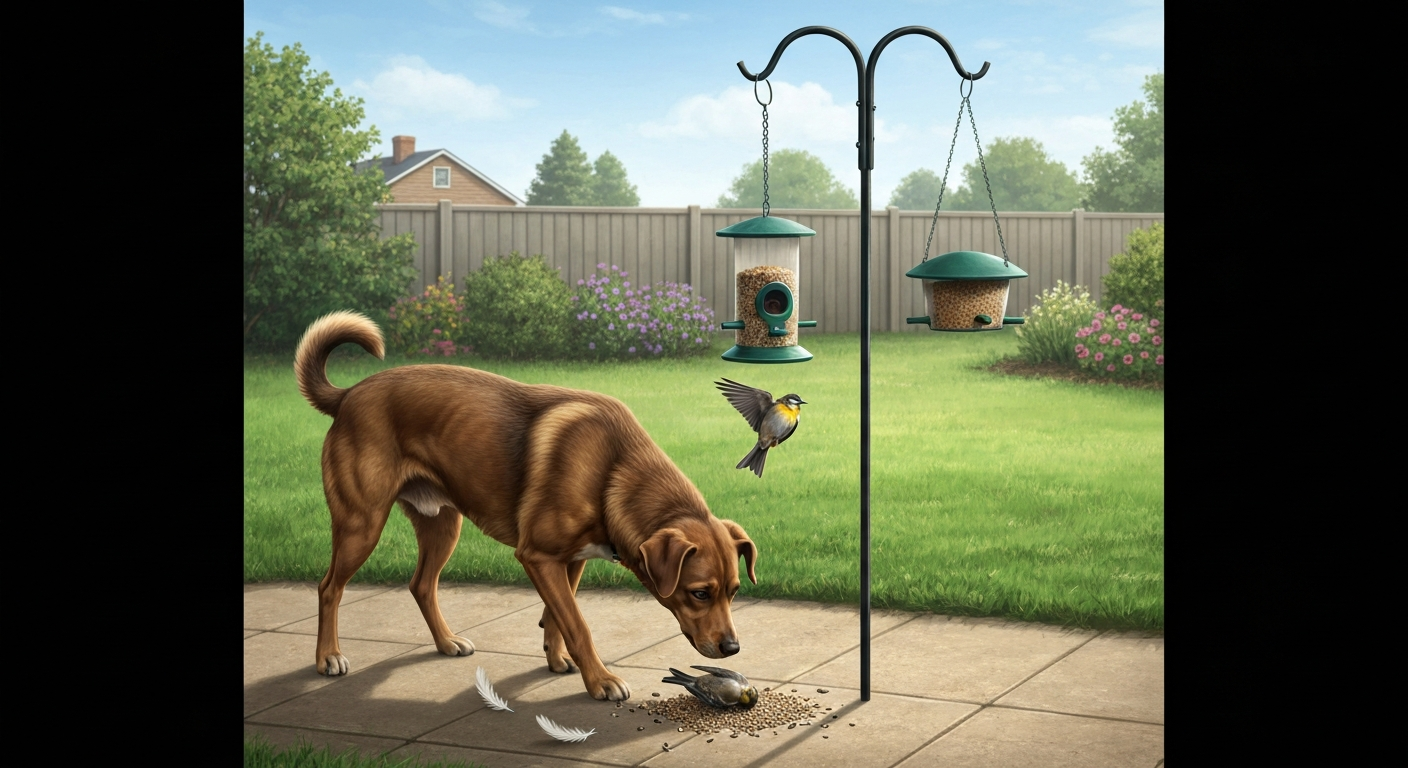 Backyard scene showing a mixed-breed dog sniffing at a small fallen songbird beneath a hanging feeder, illustrating the risk of a dog finding and eating birds.