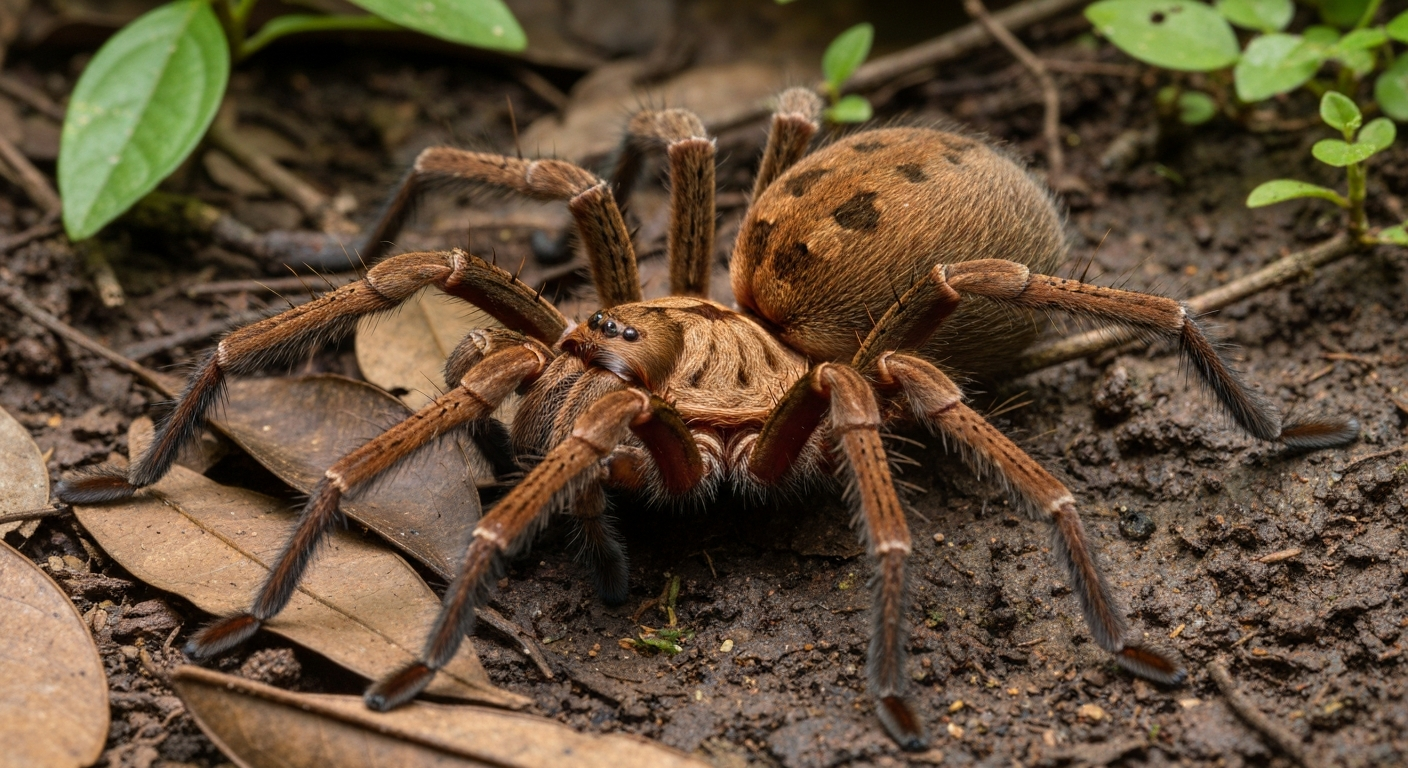 Photorealistic image of an adult Goliath birdeater tarantula on a rainforest floor, showing its large, hairy body and thick legs.