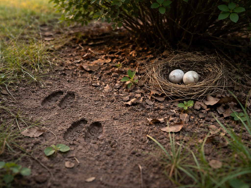 Ground-level bird nest with visible eggs beside disturbed soil and subtle hoof prints in a backyard