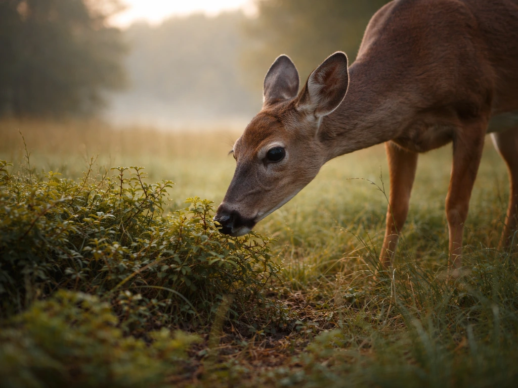 A white-tailed deer browsing near low grass and shrubs at the edge of a quiet meadow.