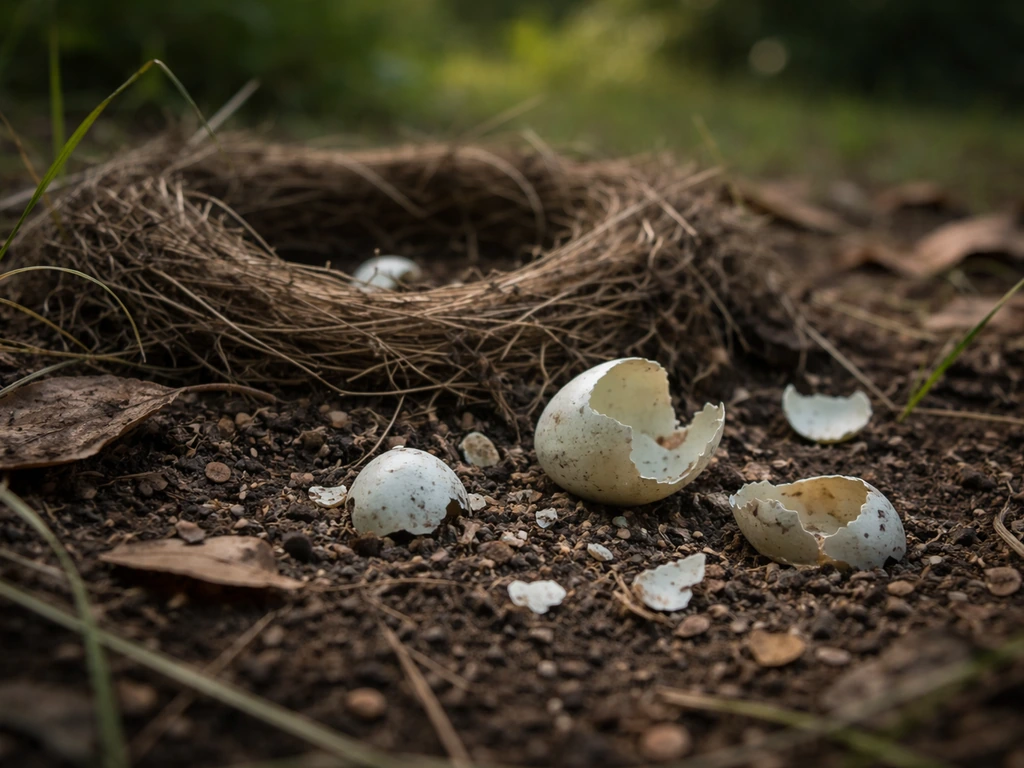 Close-up backyard nest area with scattered crushed eggshell fragments on soil and leaves