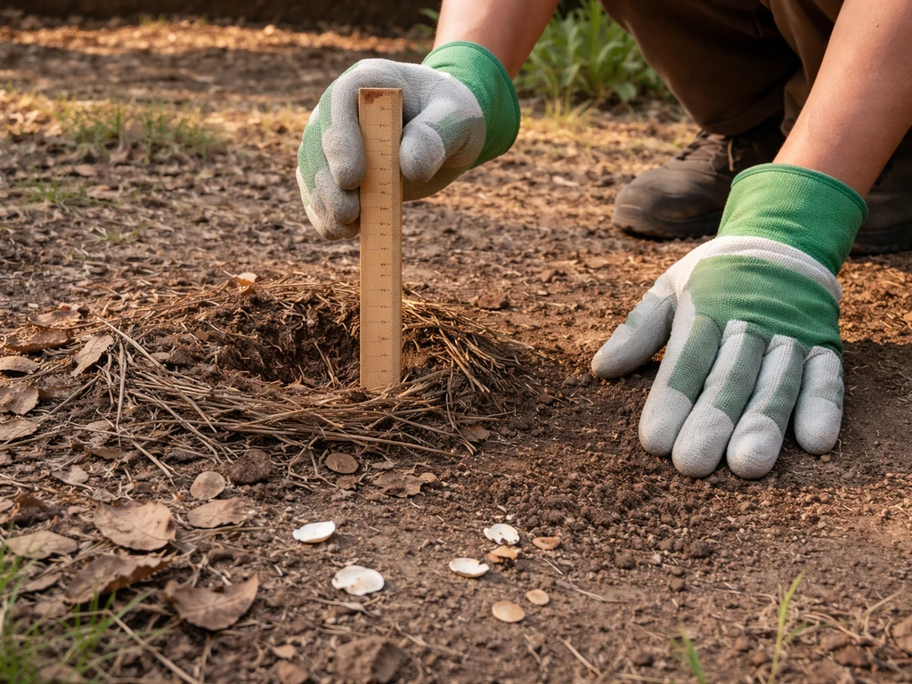 Gloved hands measuring a ground nest height and scanning soil for shell debris nearby.