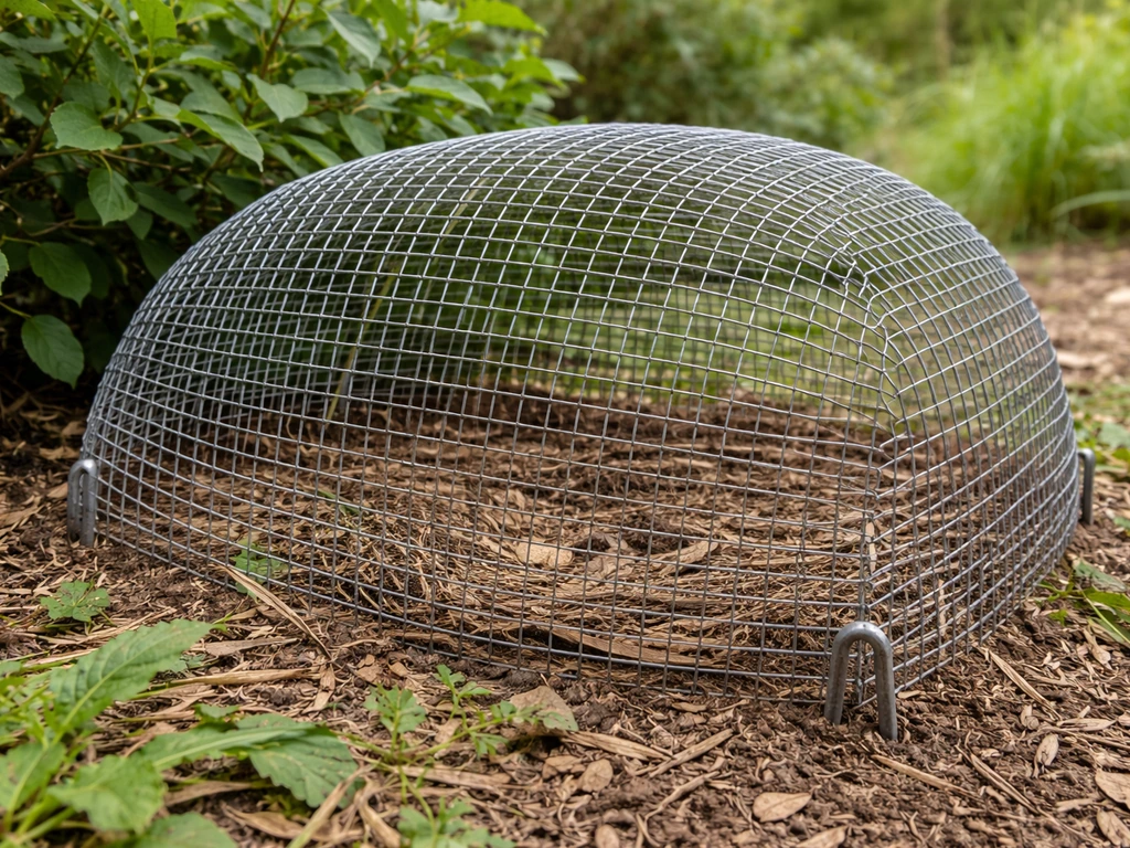 Wire exclusion dome over a low shrub nest, with stakes securing the 2-inch hardware cloth.
