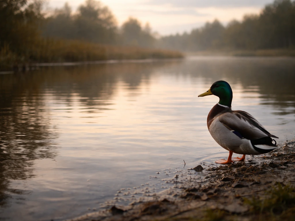 Duck standing at the edge of a pond with distant trees and sky suggesting bird predator risk.