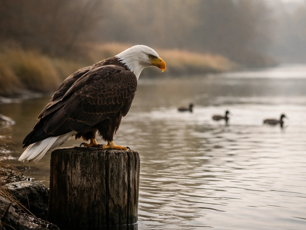 Adult bald eagle perched by a river with distant waterfowl drifting nearby.
