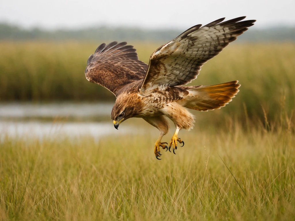 A red-tailed hawk stoops over grassland near a wetland, talons forward in a hunting posture.