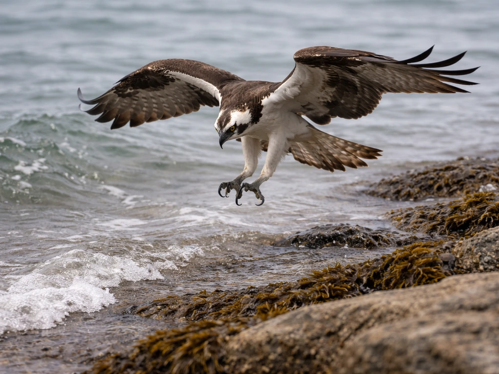 Osprey hovering over a shoreline, diving with talons forward near the water’s edge.