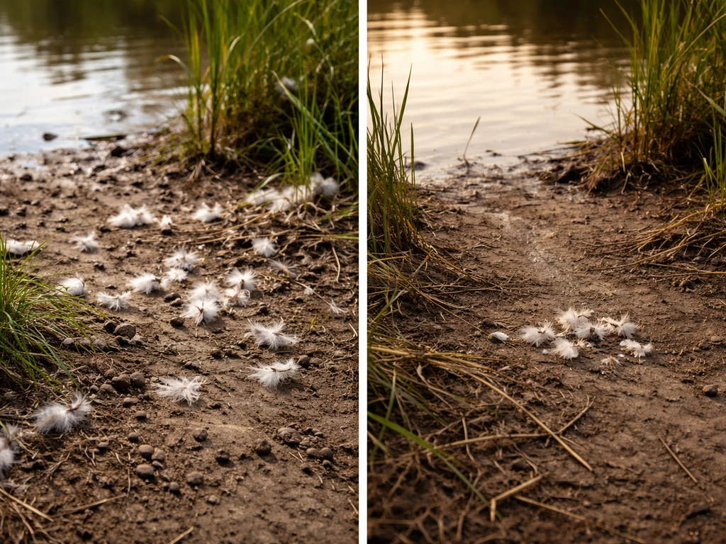 Split-scene photo showing duck feathers on shore versus a cleaner carcass area at different times of day