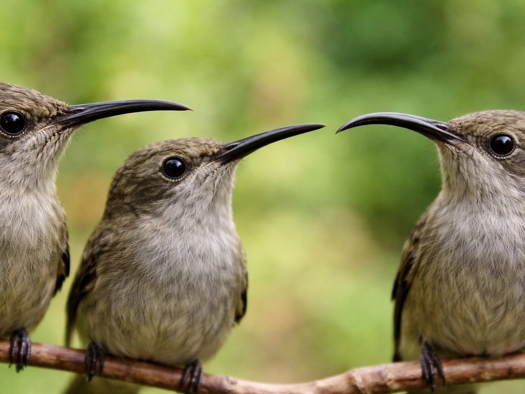 Three small birds perched together, close-up on different nectar-feeding bill shapes.