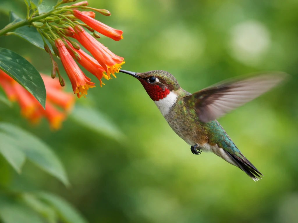 Ruby-throated hummingbird hovering at a tubular flower while probing for nectar.