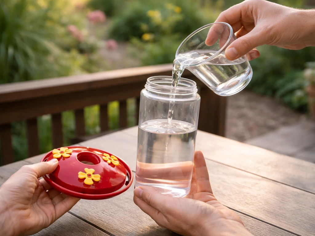 Hands filling a clear nectar feeder with safe sugar-water solution outdoors in natural light.