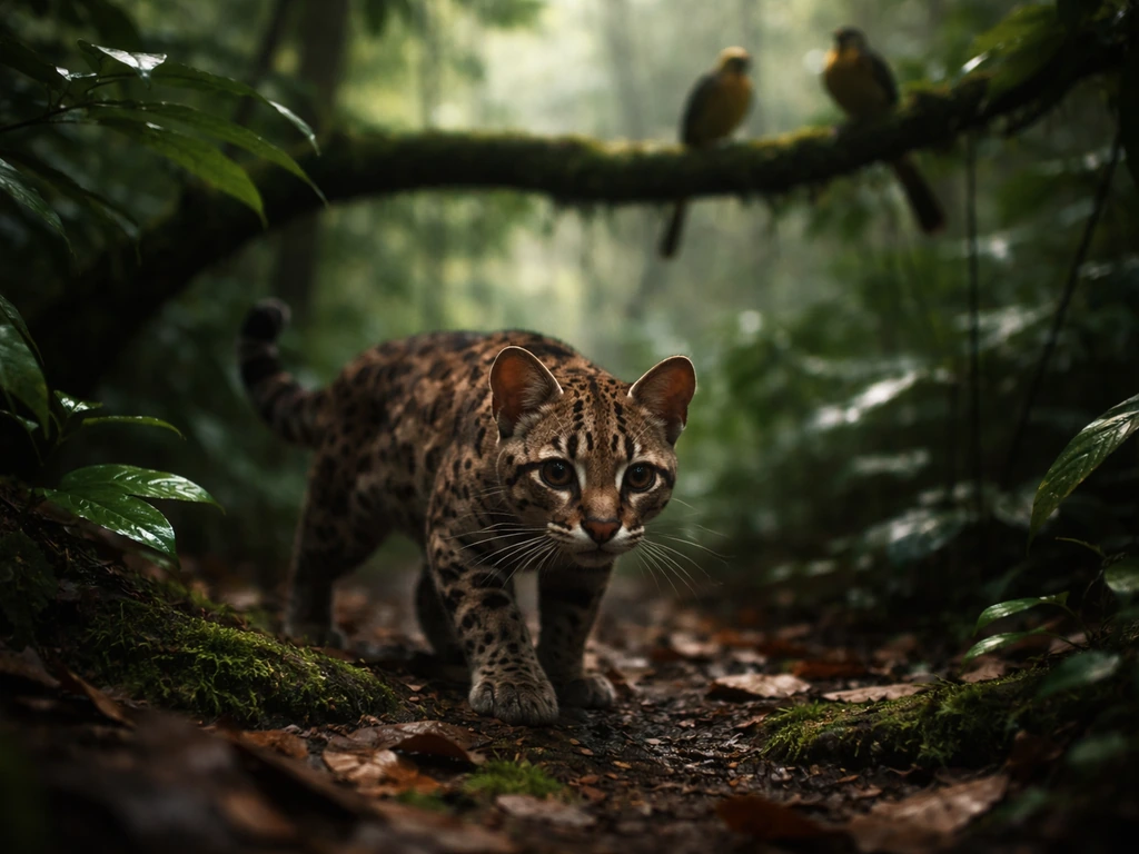 Small wild cat prowling through rainforest understory near perched birds in soft dawn light.