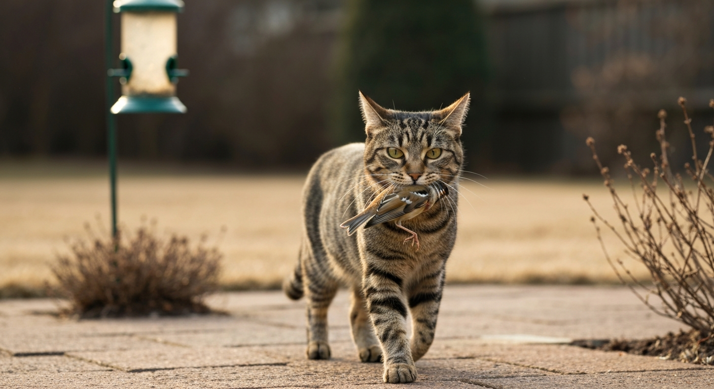 Illustration of a tabby cat carrying a small limp songbird in its mouth in a backyard setting, non-graphic and educational.
