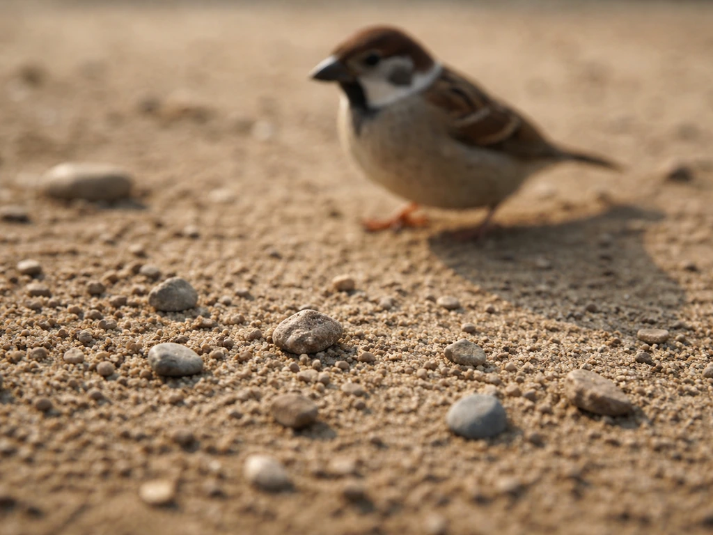Small wild bird on bare ground near scattered grit and tiny stones in the foreground.