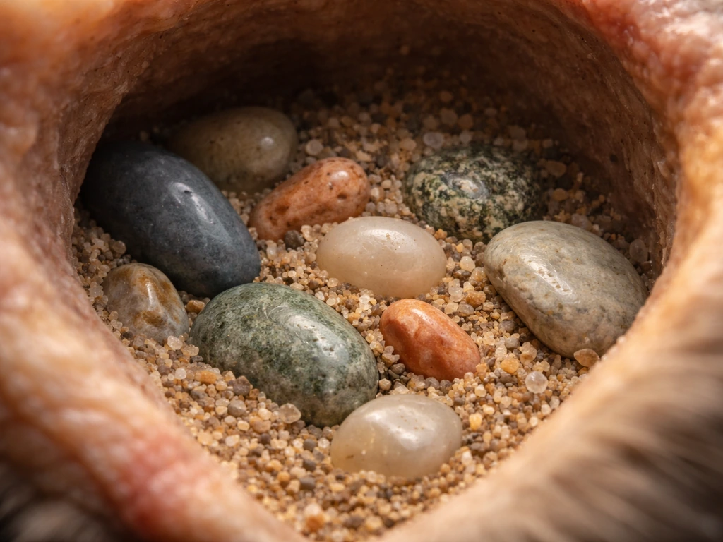Close-up of small smooth stones and grit in a bird gizzard-like cavity