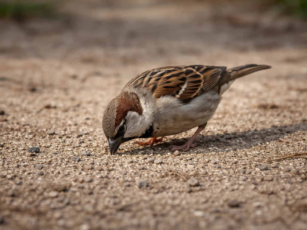 Small backyard bird pecking deliberate on bare gravelly soil, suggesting grit-seeking behavior.