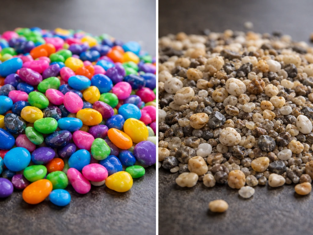Close-up comparison of dyed aquarium gravel versus natural small grit stones in separate piles