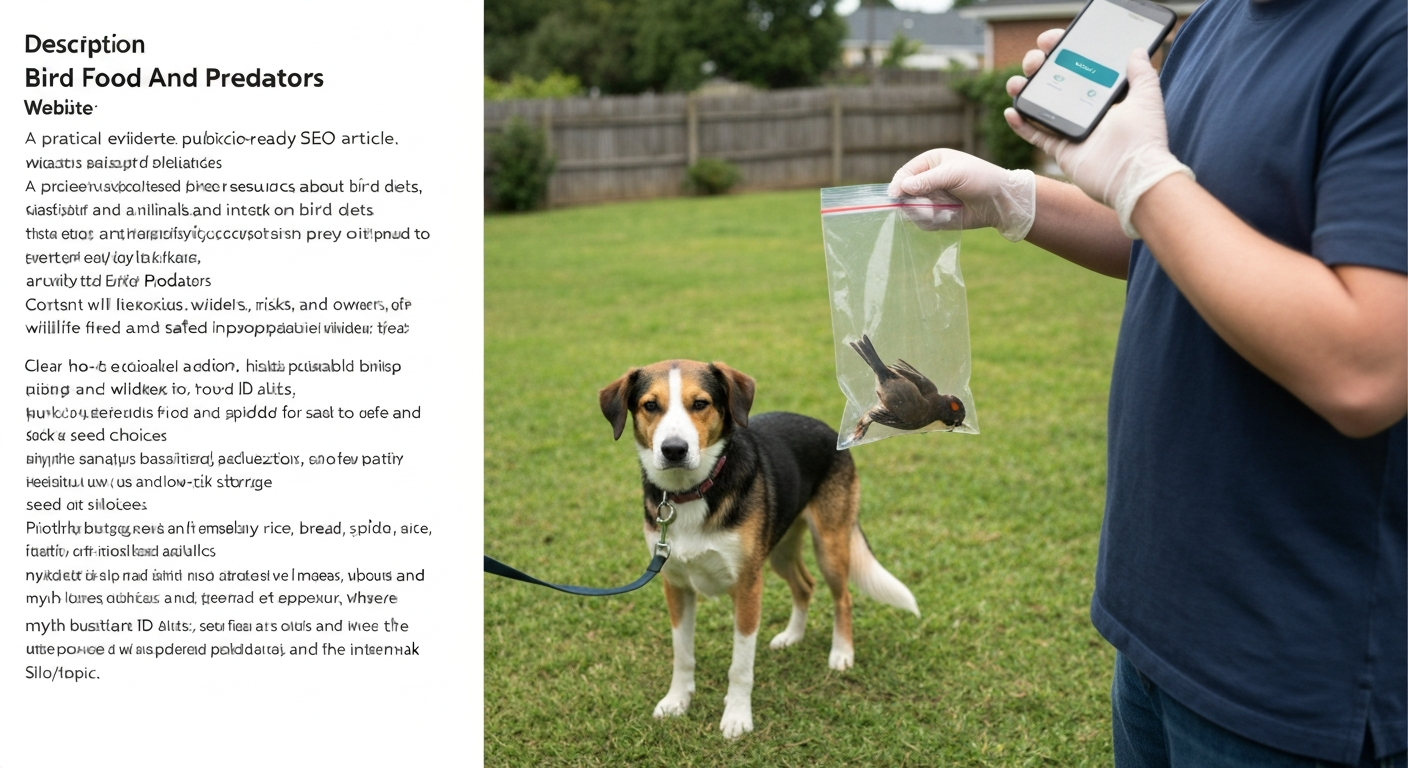 Owner calmly restraining a leashed dog while putting a small dead bird into a sealed plastic bag wearing disposable gloves, about to call the veterinarian.