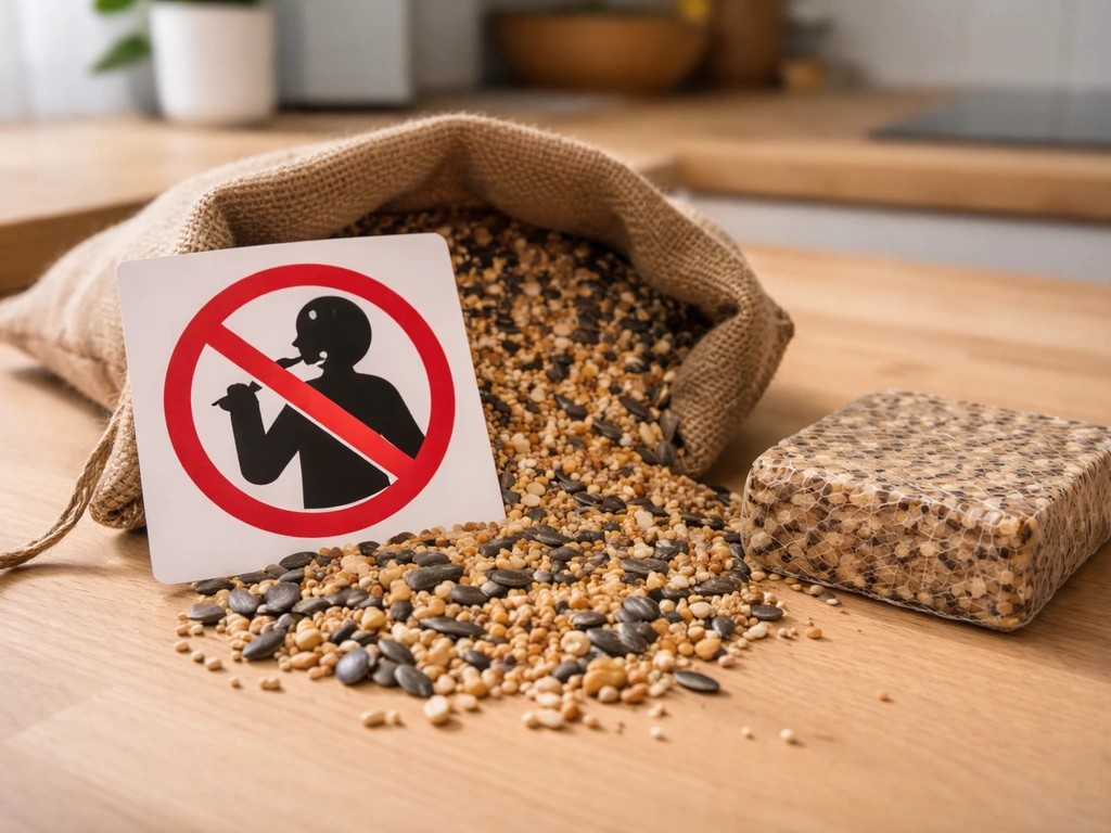 Close-up of birdseed and a suet cake on a kitchen counter with a do-not-eat safety sign over them