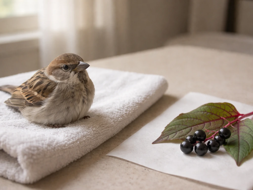 Small wild bird on a towel beside a poisonous-plant leaf and berries in a safe indoor emergency setup