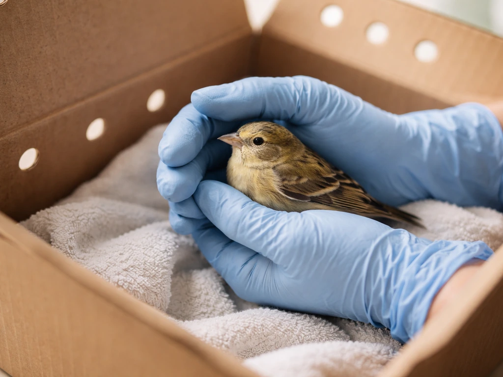 Gloved hands gently supporting a small wild bird in a lined carrier for safe emergency handling.