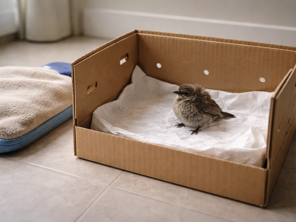 A sick bird resting in a ventilated cardboard recovery box beside a gentle warm heat source.