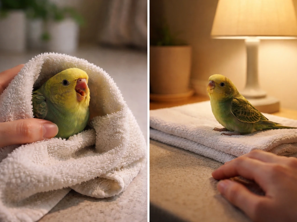 An anonymous caregiver’s hands and a small pet bird show urgent breathing versus brief monitoring setup.